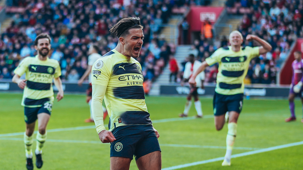 JACK HIGH: Jack Grealish celebrates after doubling City's lead.