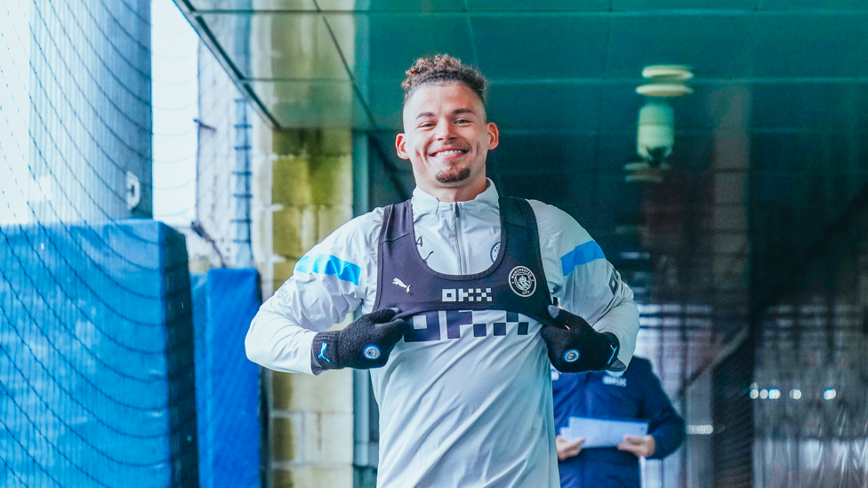 MIDFIELD MAESTRO : Kalvin Phillips in great spirits as he heads onto the pitch