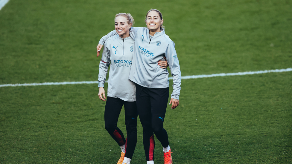 TOUCH TIGHT : Alex Greenwood and Janine Beckie have a cuddle