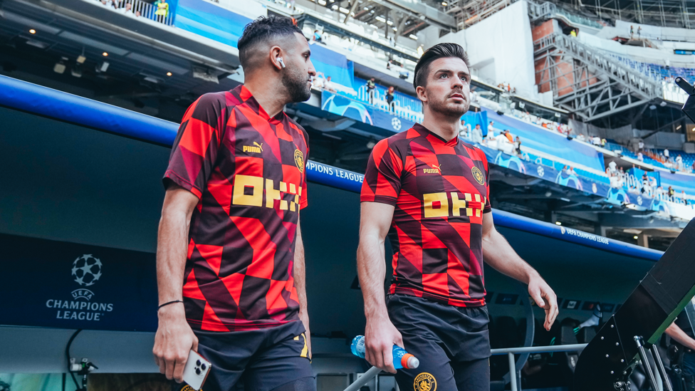 WING WIZARDS : Grealish and Mahrez check out the stadium upon arrival.