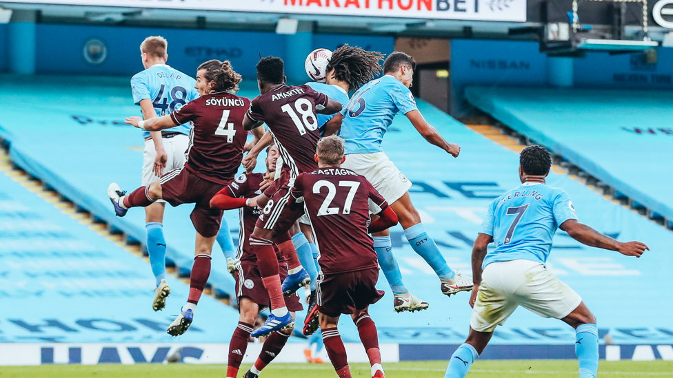 ON TARGET: Ake heads his first goal for City against Leicester in 2020