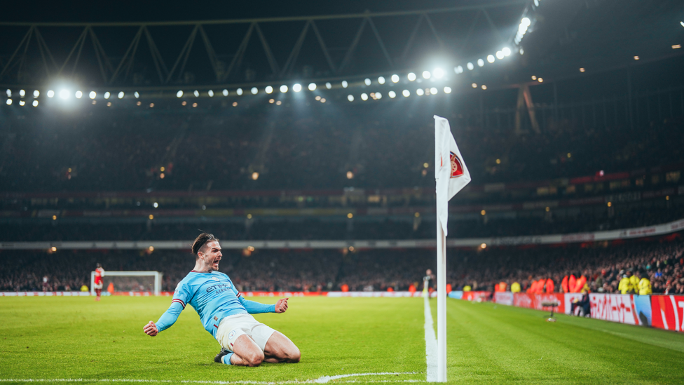 JUMPIN' JACK FLASH  : Jack Grealish knee slides in front of a jubilant away end after scoring in our 3-1 away win at Arsenal.