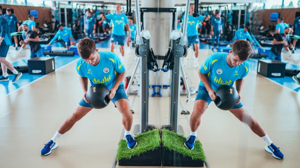 SEEING DOUBLE : James McAtee working hard in the gym. 