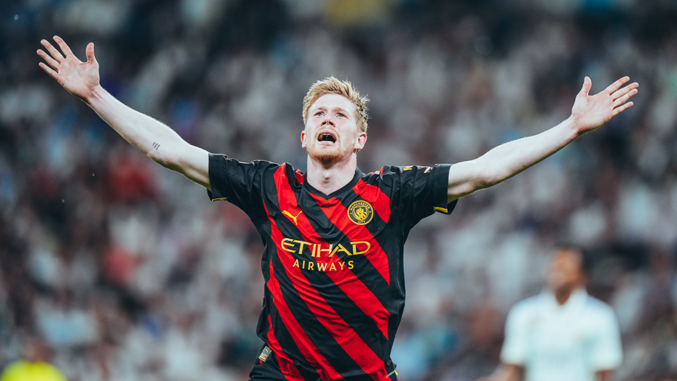 King Kev : Kevin De Bruyne celebrates equalising against Real Madrid in the first leg of our UEFA Champions League semi-final