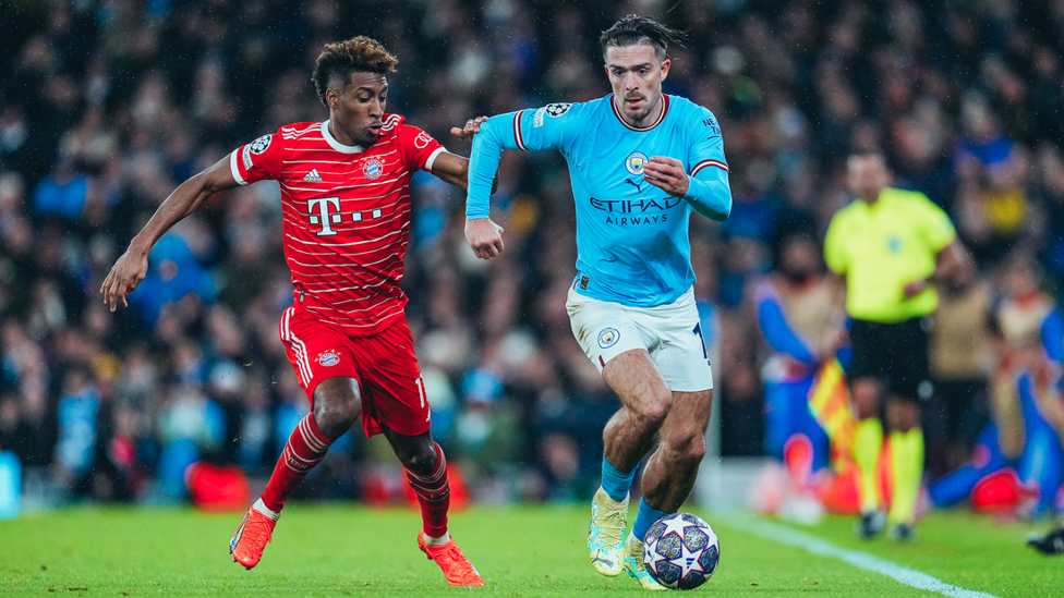 WINGER WARS: Jack Grealish tries to get past his opposition number Kingsley Coman.