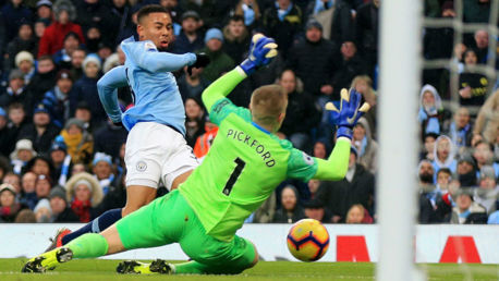 GIFT OF THE GAB: Gabriel Jesus beats Jordan Pickford to fire City into the lead