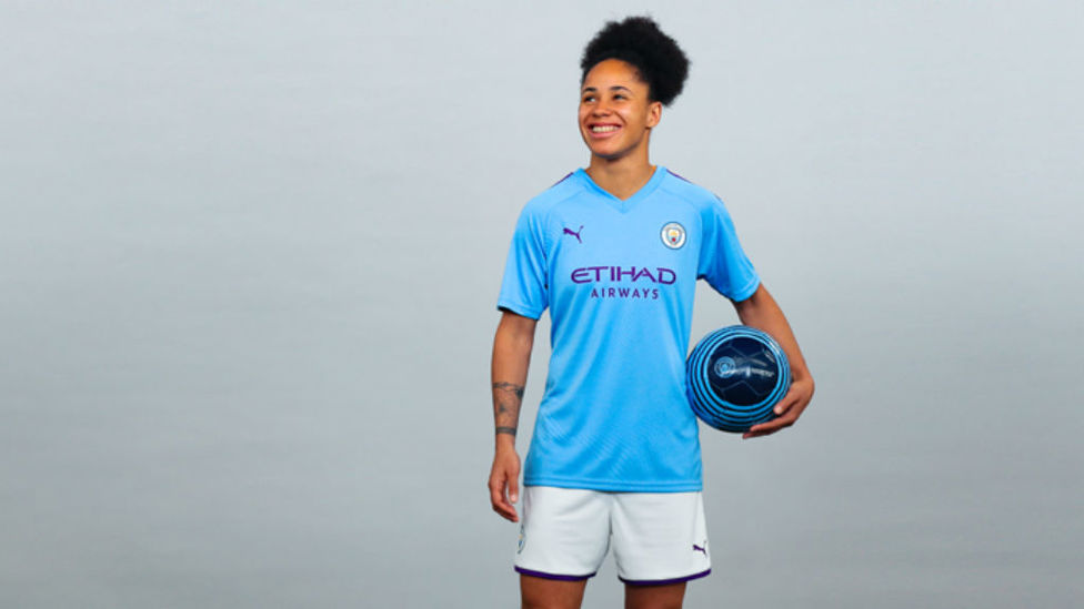 BLUE STEEL : City and England defender Demi Stokes is all smiles as she sports our new 2019/20 home kit