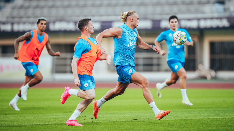 OUR VIKING : Erling Haaland looking composed while under pressure from Sergio Gomez