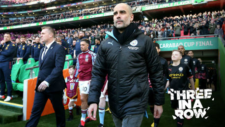 HERE WE GO: Pep leads his side out at Wembley 