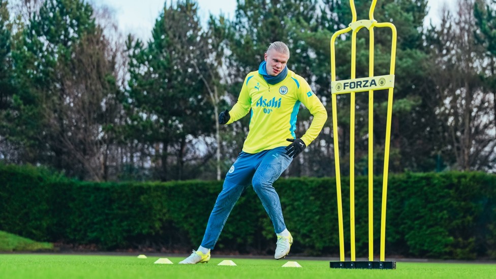 HE MEANS BUSINESS : Erling Haaland putting in the hard yards